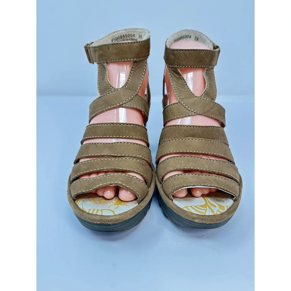 Fly London Yeba Tan Leather Strappy Wedge Sandals Womens EU 38 US 7.5-8 Comfort
